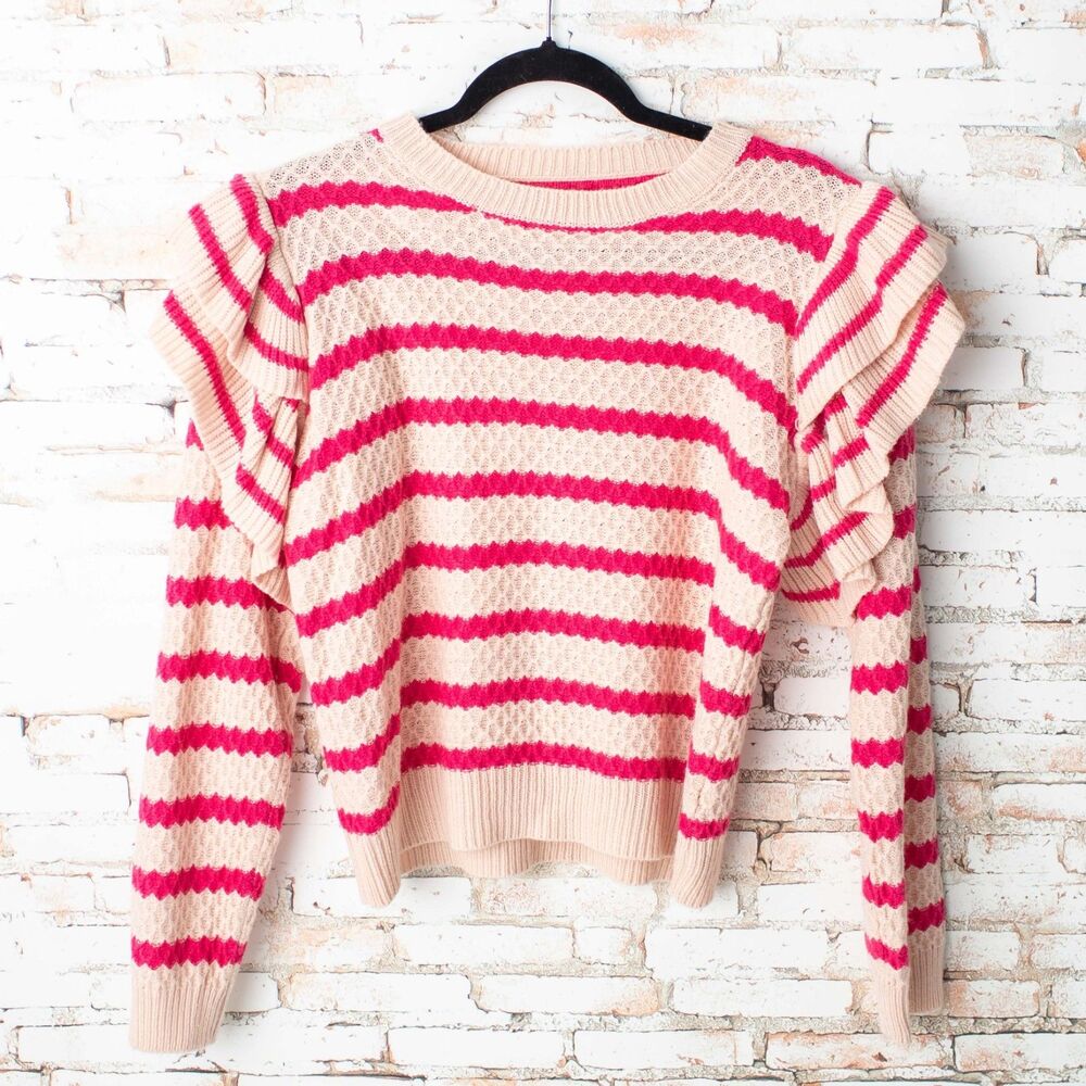 SHEIN Women M Pink Cream Striped Ruffle Shoulder Knit Sweater Long Sleeve